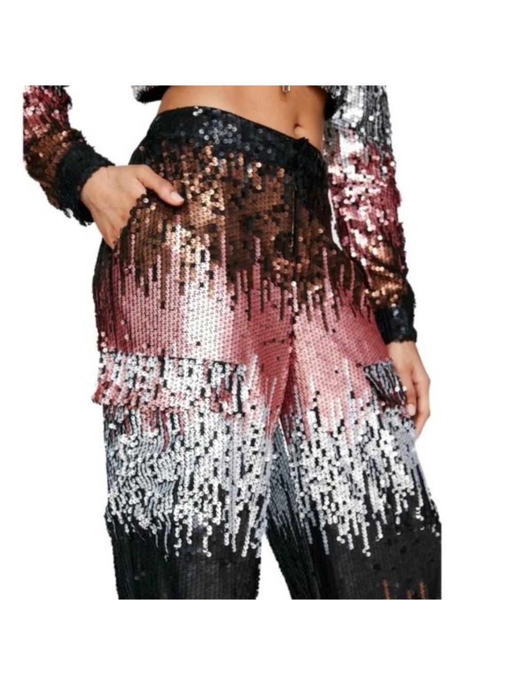 Nasty Gal Sequin Ombre Cargo Trousers - Black Pink Silver - Picture 5 of 9